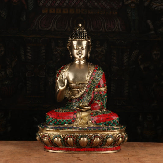 Brass Buddha Statue Sitting on Base Stone Work For Home Decor Showpiece 1.5 Feet