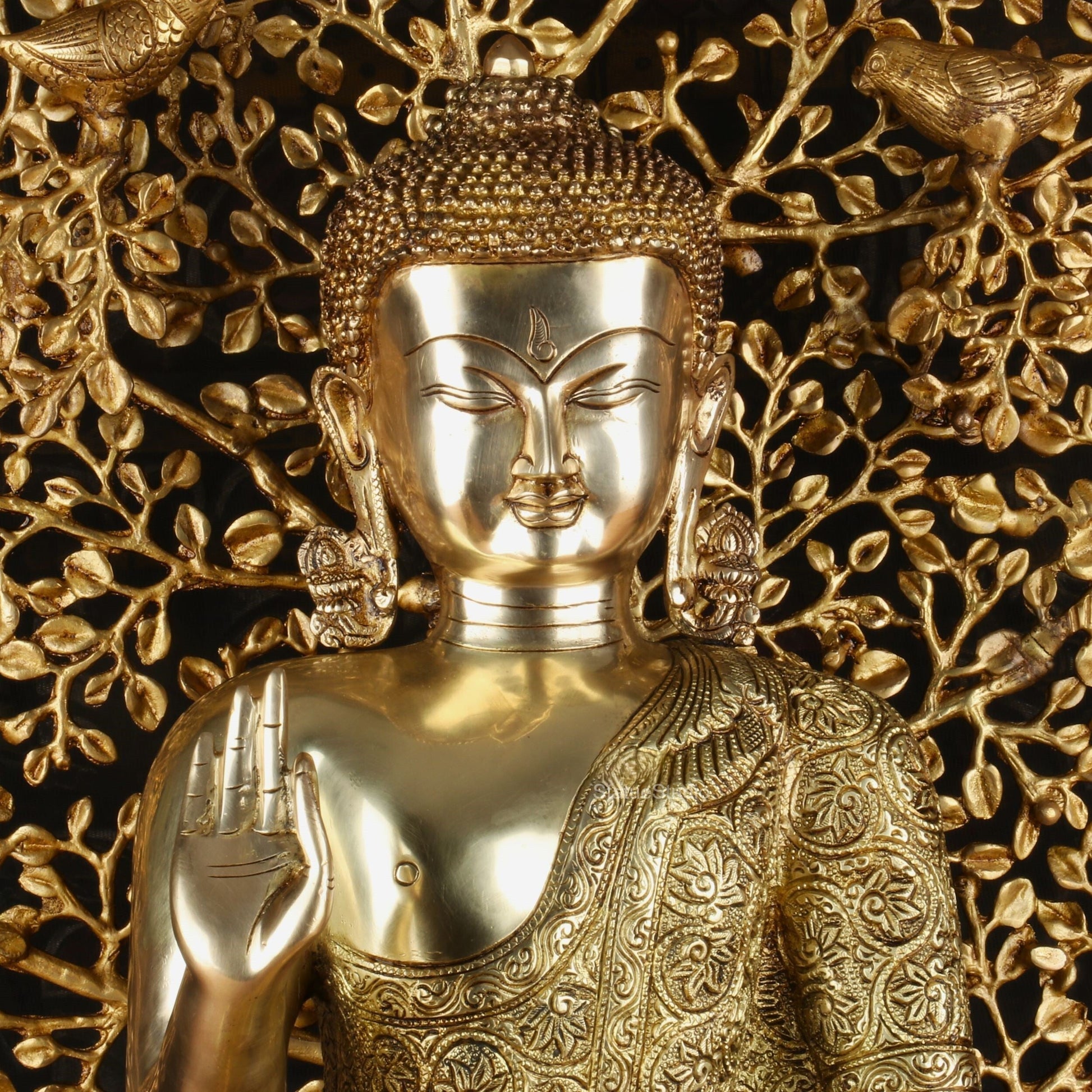 Brass Buddha Statue With Bodhi Tree For Home Decor Showpiece 30" - Image 2