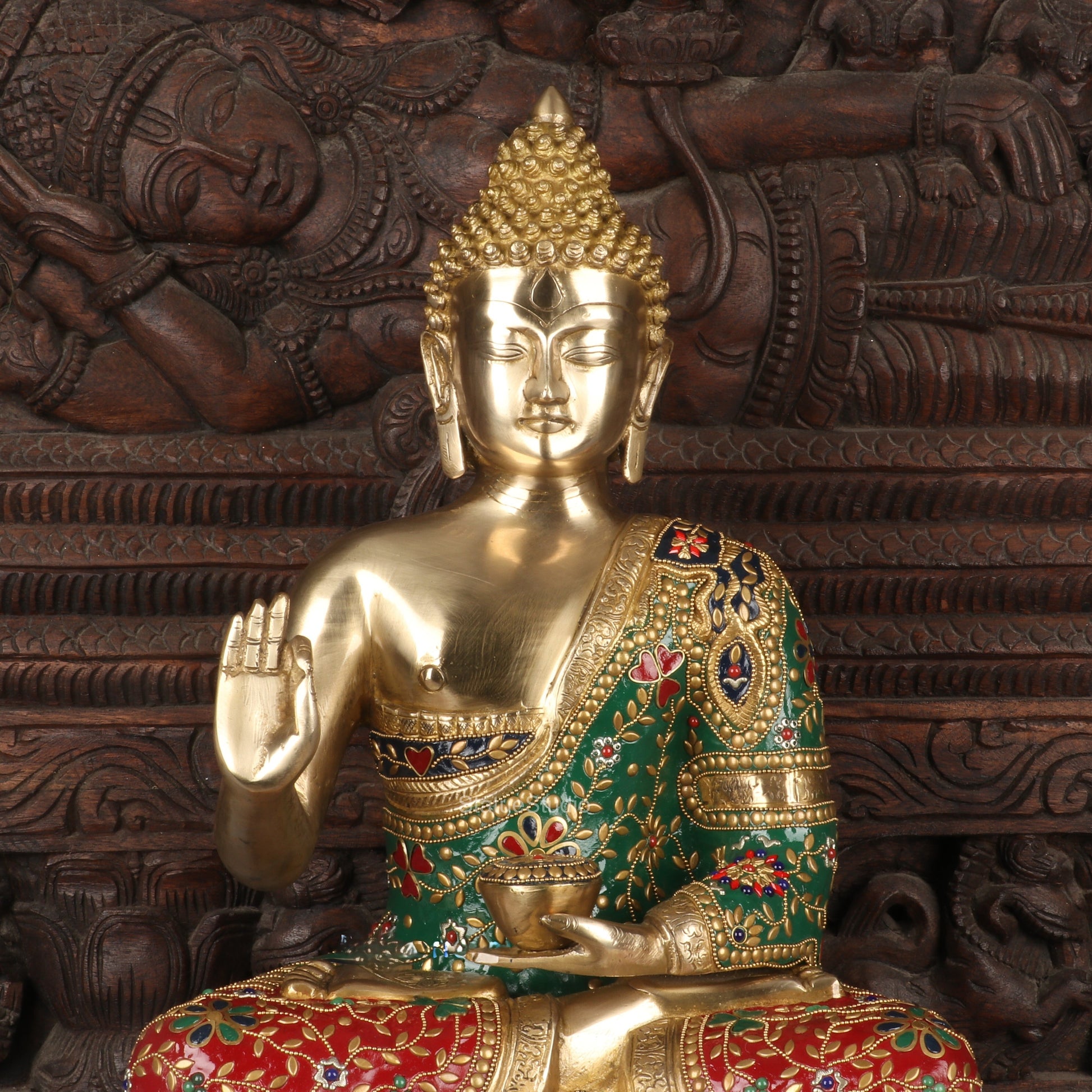 Brass Large Buddha Statue Stone Work For Home Decor Showpiece 20" - Image 2