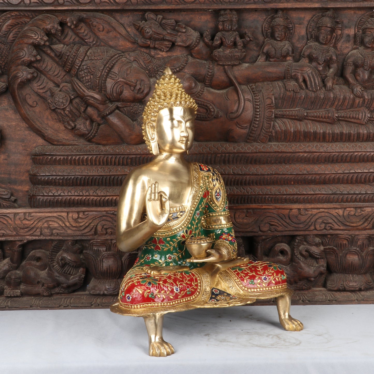 Brass Large Buddha Statue Stone Work For Home Decor Showpiece 20"