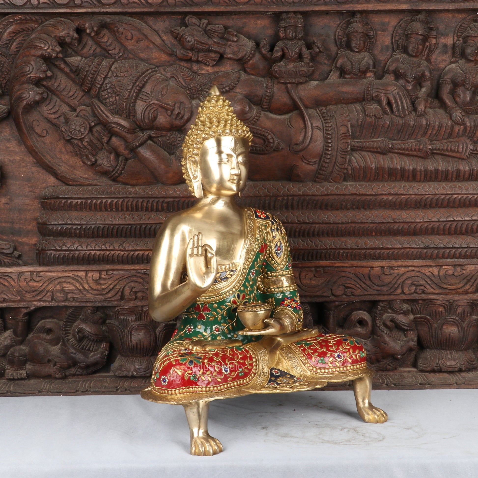 Brass Large Buddha Statue Stone Work For Home Decor Showpiece 20" - Image 3