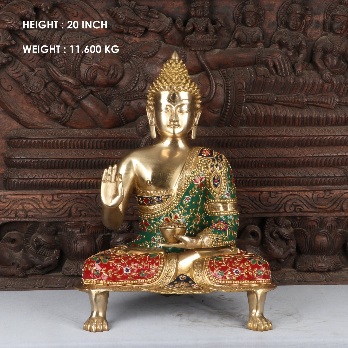 Brass Large Buddha Statue Stone Work For Home Decor Showpiece 20"