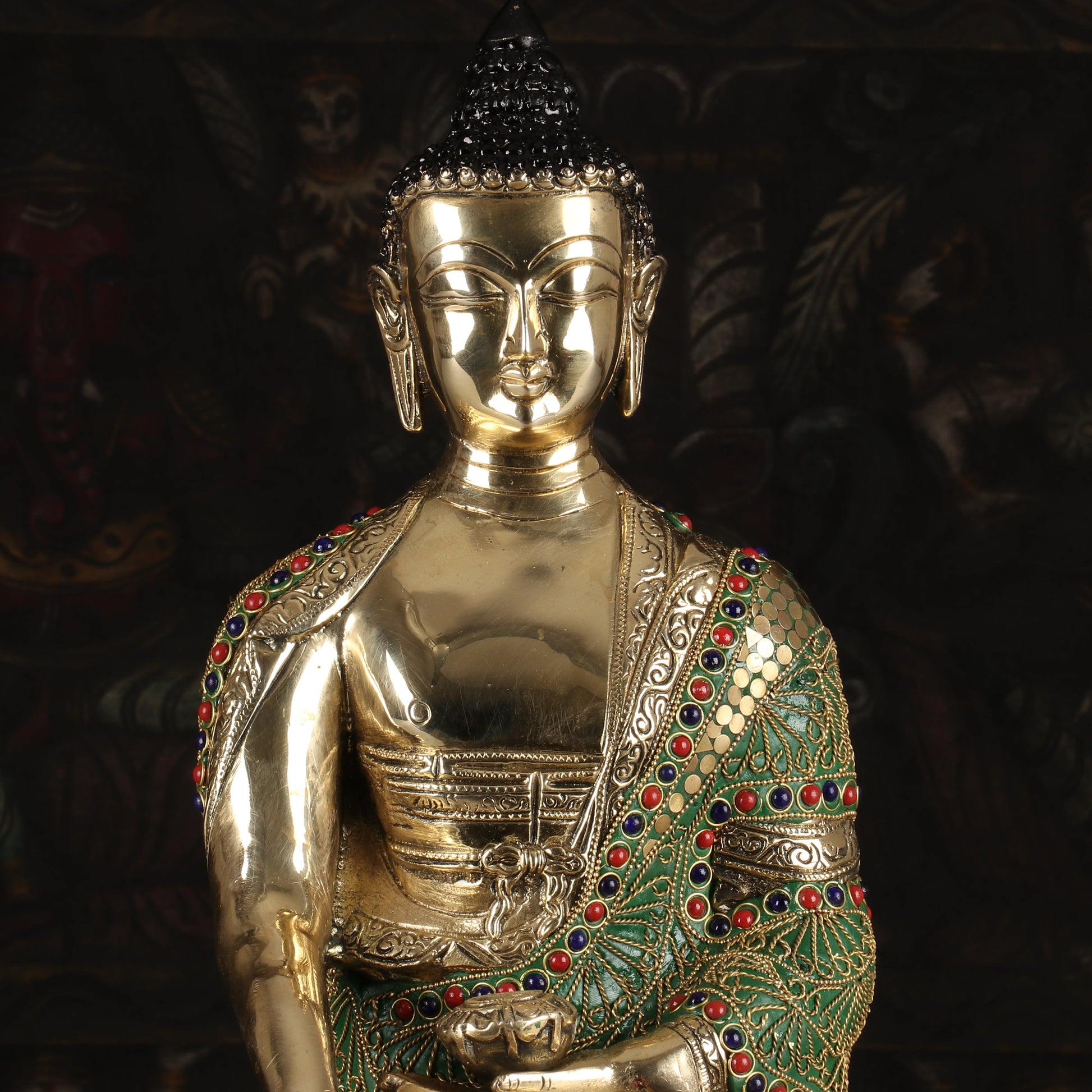 Brass Buddha Statue Sitting On Lotus Base Stone Work For Home Decor 1.5 Feet - Image 3