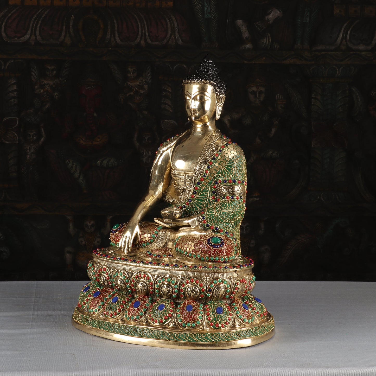 Brass Buddha Statue Sitting On Lotus Base Stone Work For Home Decor 1.5 Feet