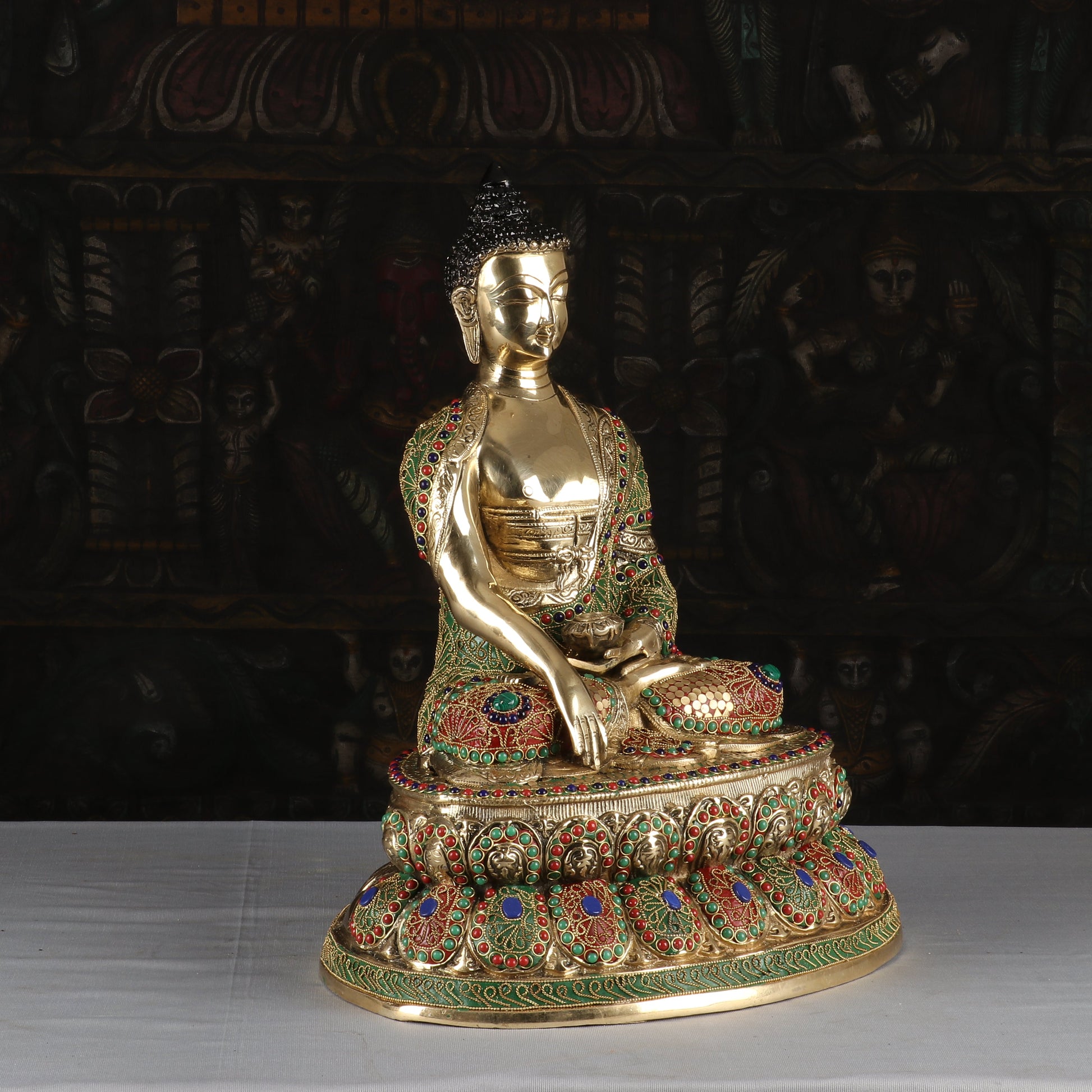 Brass Buddha Statue Sitting On Lotus Base Stone Work For Home Decor 1.5 Feet - Image 5