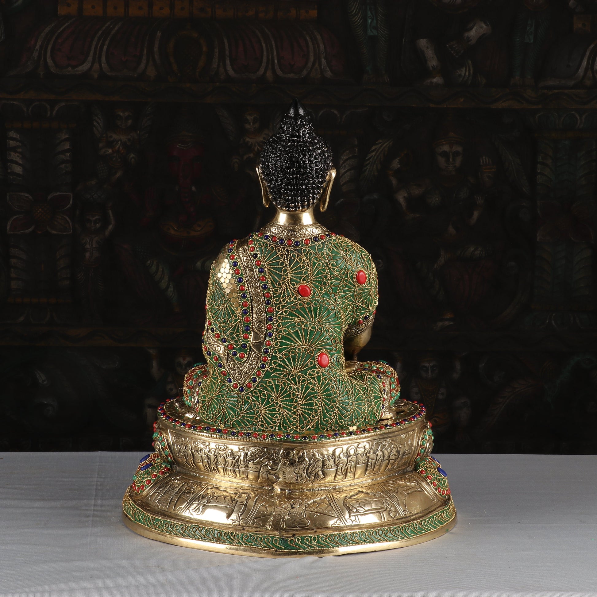 Brass Buddha Statue Sitting On Lotus Base Stone Work For Home Decor 1.5 Feet - Image 6