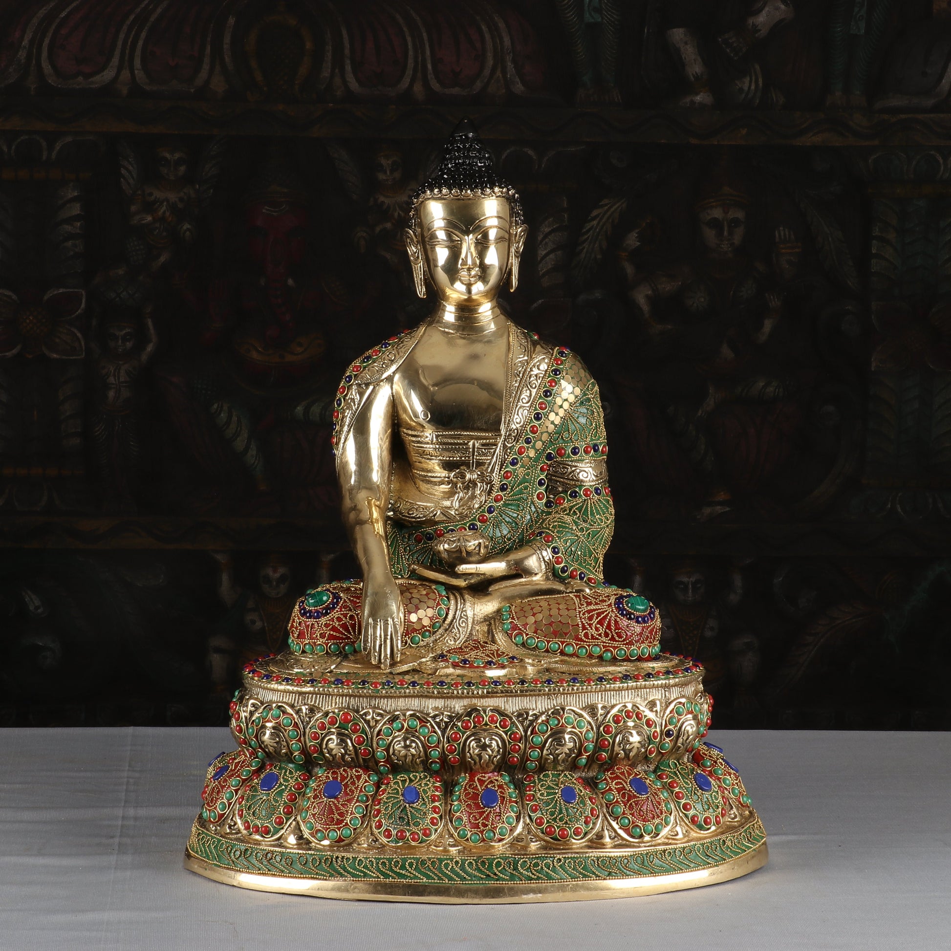 Brass Buddha Statue Sitting On Lotus Base Stone Work For Home Decor 1.5 Feet - Eco-friendly - Sama Homes