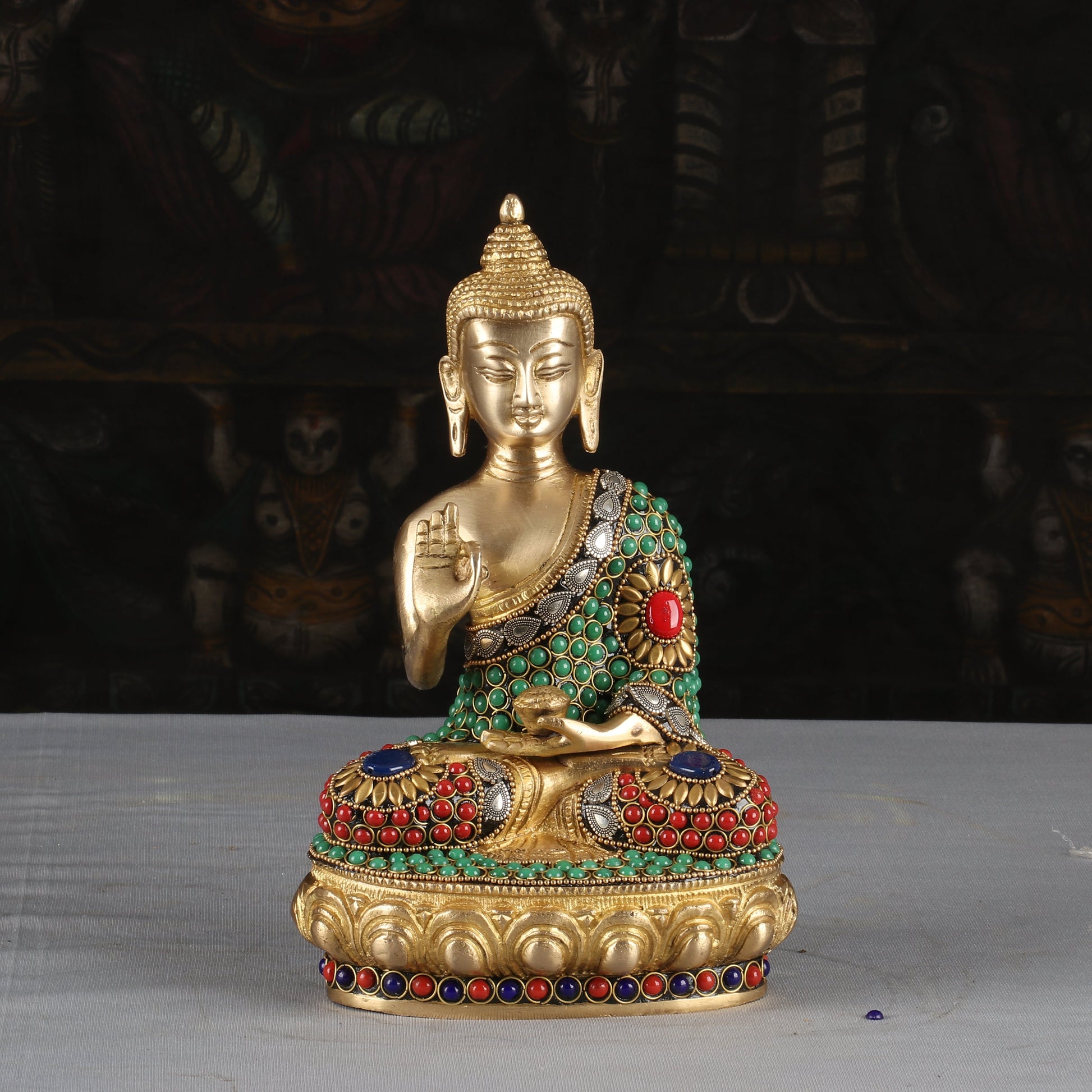 Brass Small Buddha Statue Sitting On Base Stone Work For Decor 9 Inch - Image 2