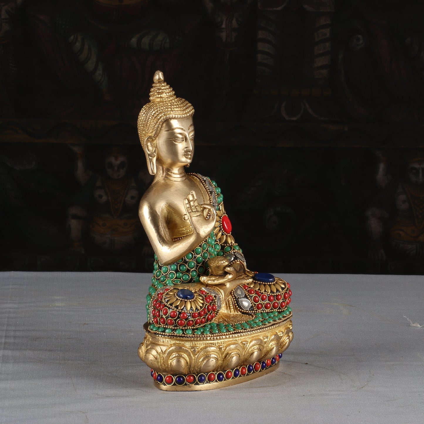 Brass Small Buddha Statue Sitting On Base Stone Work For Decor 9 Inch