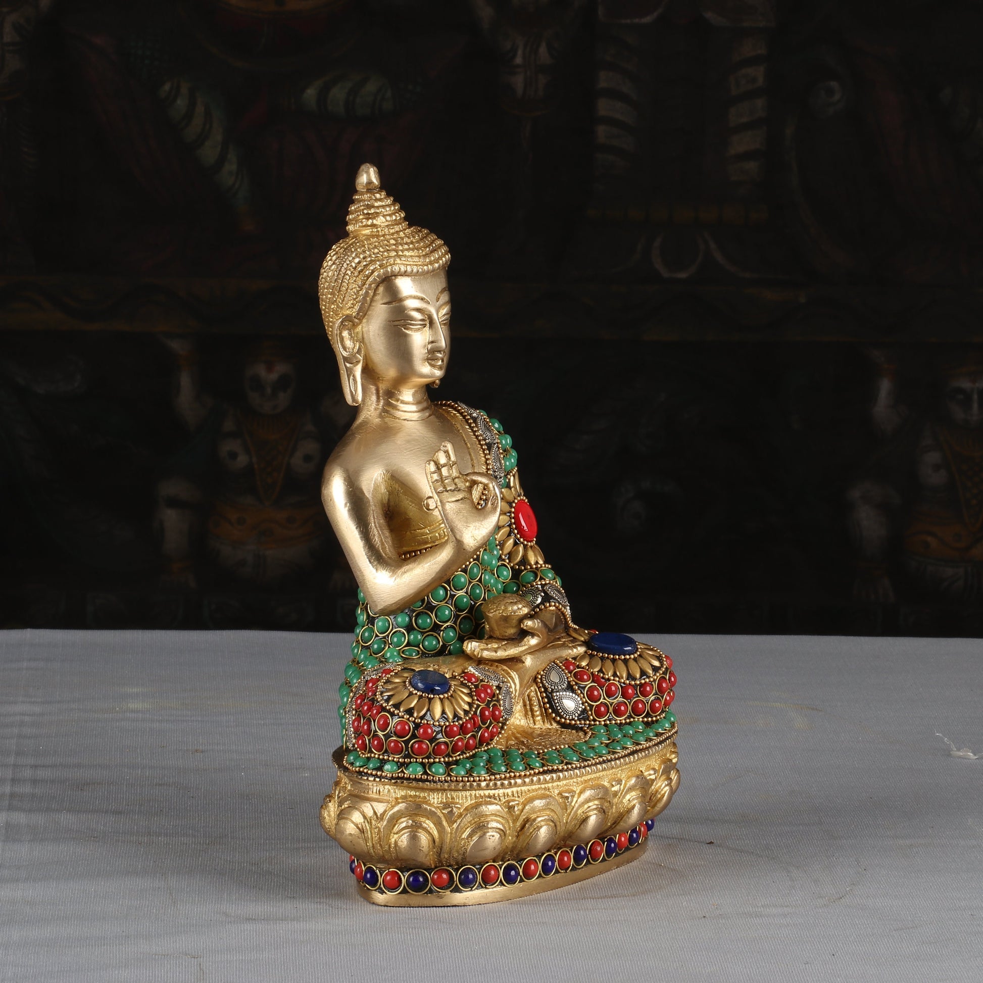Brass Small Buddha Statue Sitting On Base Stone Work For Decor 9 Inch - Image 3