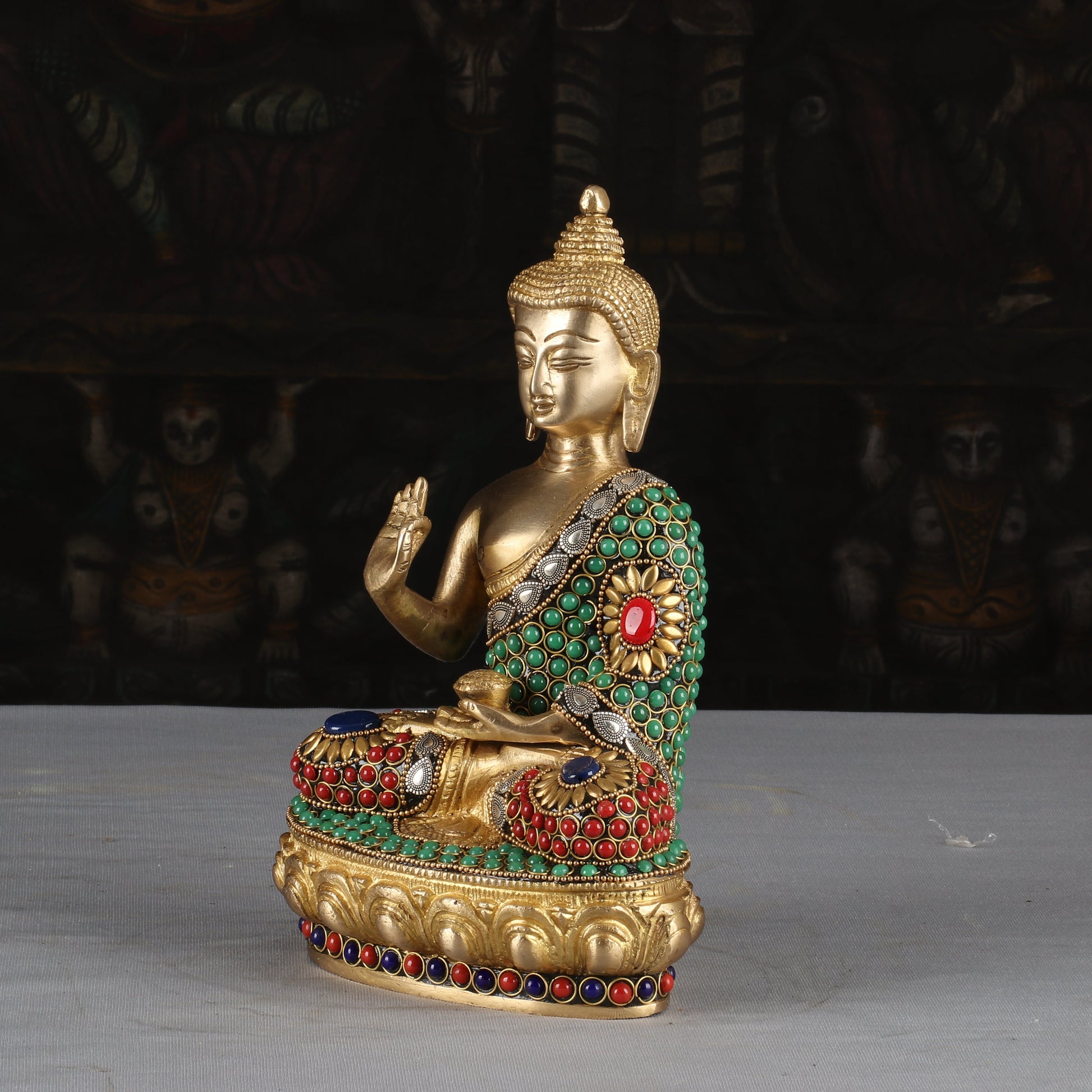Brass Small Buddha Statue Sitting On Base Stone Work For Decor 9 Inch - Image 4