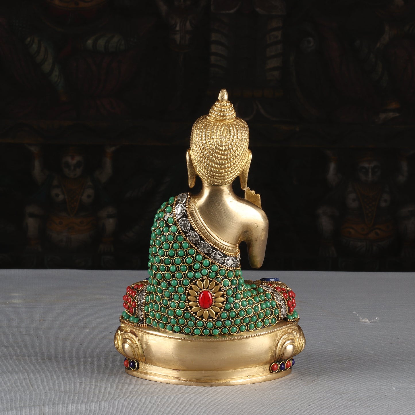 Brass Small Buddha Statue Sitting On Base Stone Work For Decor 9 Inch