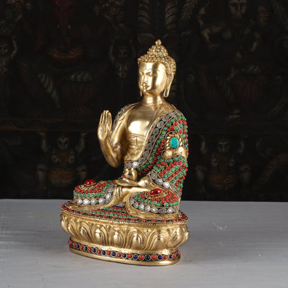 Brass Blessing Buddha Statue Sitting On Base Stone Work For Home Decor 1 Feet by vendor-unknown - Buddha (View 3)