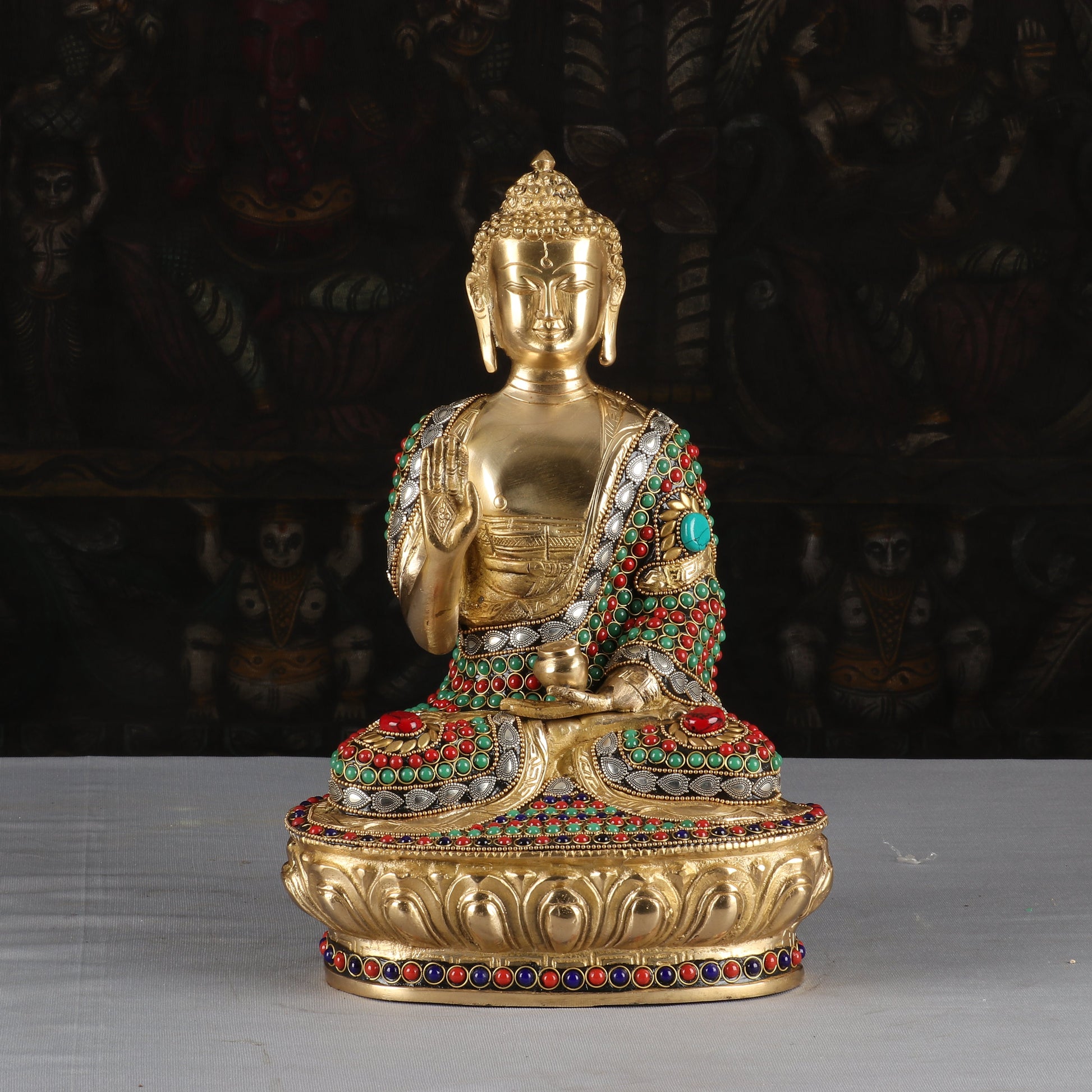 Brass Blessing Buddha Statue Sitting On Base Stone Work For Home Decor 1 Feet - Eco-friendly - Sama Homes