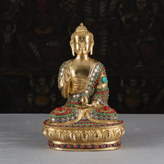 Brass Blessing Buddha Statue Sitting On Base Stone Work For Home Decor 1 Feet