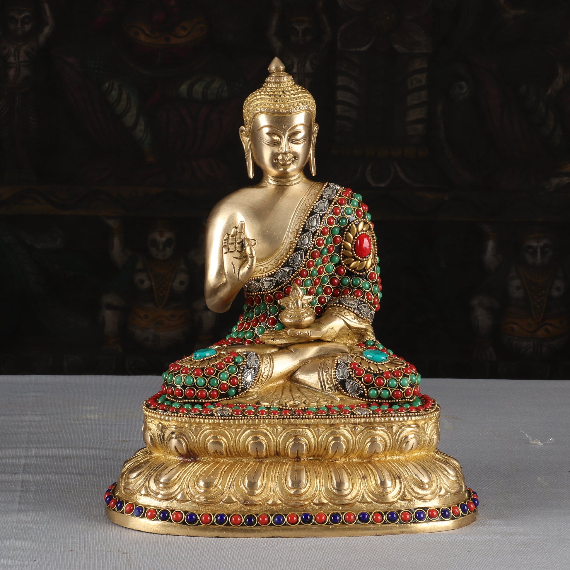 Brass Buddha Idol Sitting On Base Stone Work Showpiece For Home Decor 1 Feet - Image 2