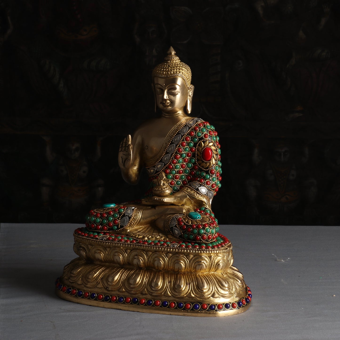 Brass Buddha Idol Sitting On Base Stone Work Showpiece For Home Decor 1 Feet