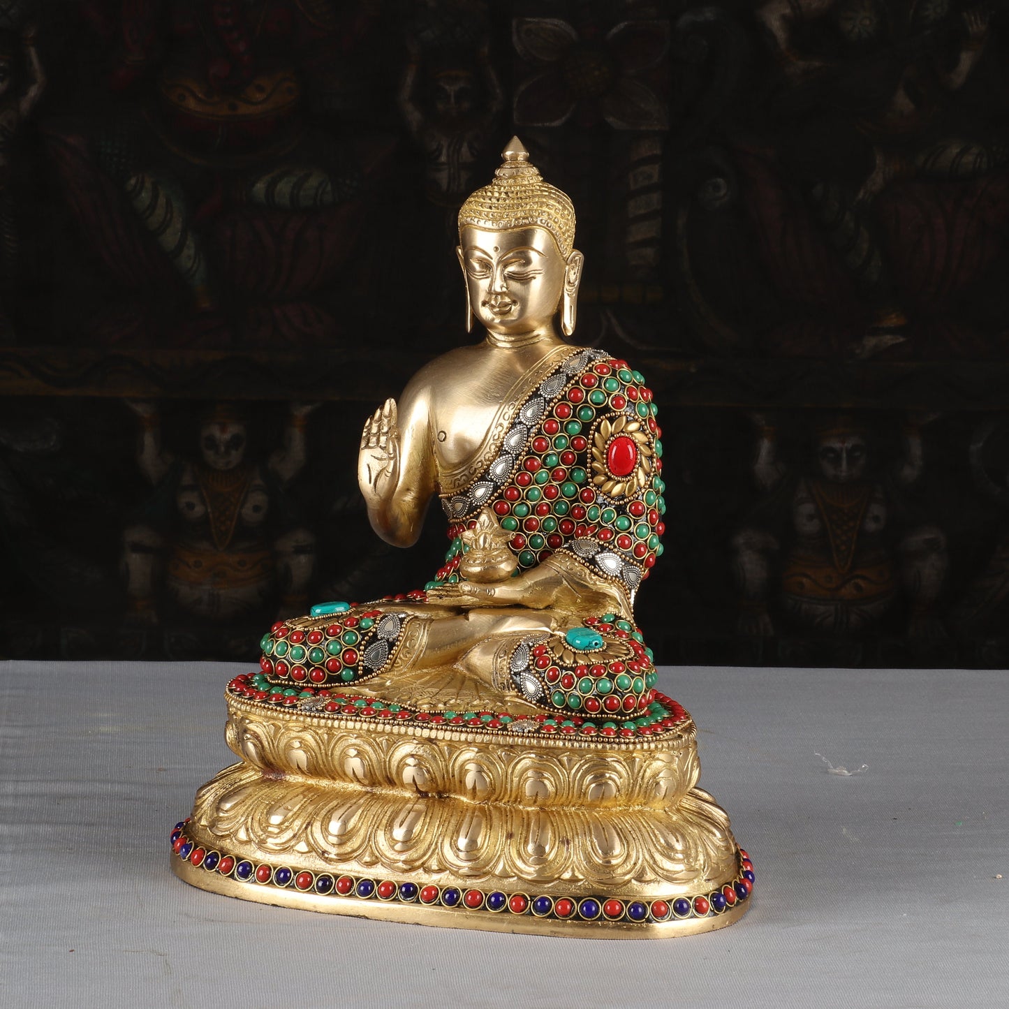 Brass Buddha Idol Sitting On Base Stone Work Showpiece For Home Decor 1 Feet