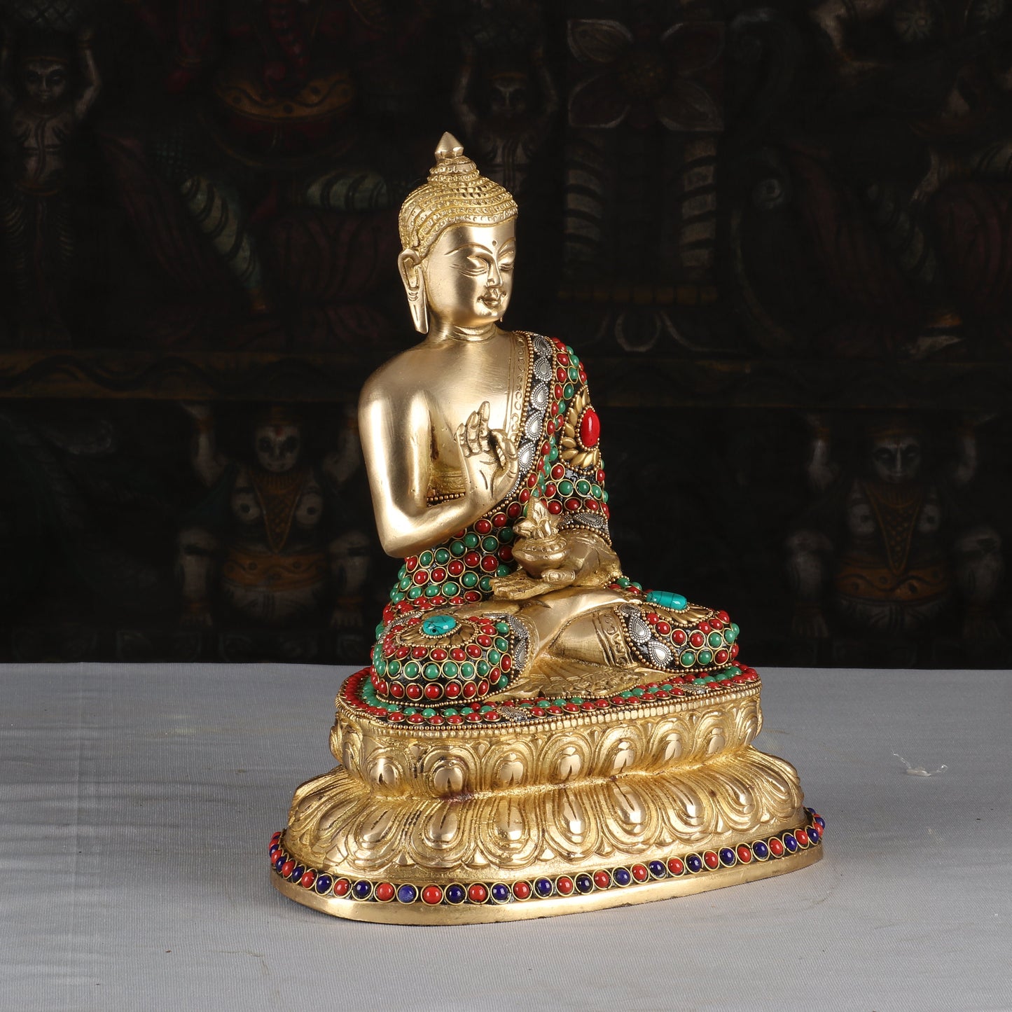 Brass Buddha Idol Sitting On Base Stone Work Showpiece For Home Decor 1 Feet