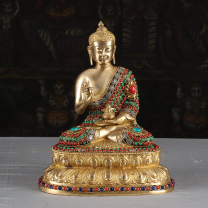 Brass Buddha Idol Sitting On Base Stone Work Showpiece For Home Decor 1 Feet by vendor-unknown - Buddha
