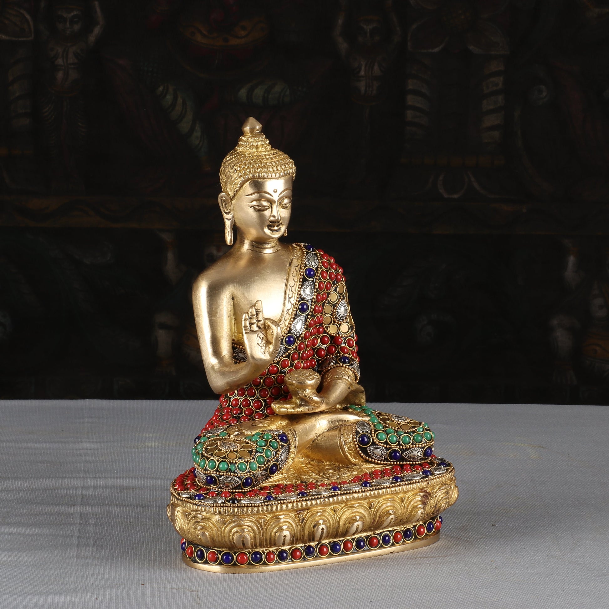 Brass Buddha Idol Sitting On Base Stone Work For Home Decor 9" - Image 3