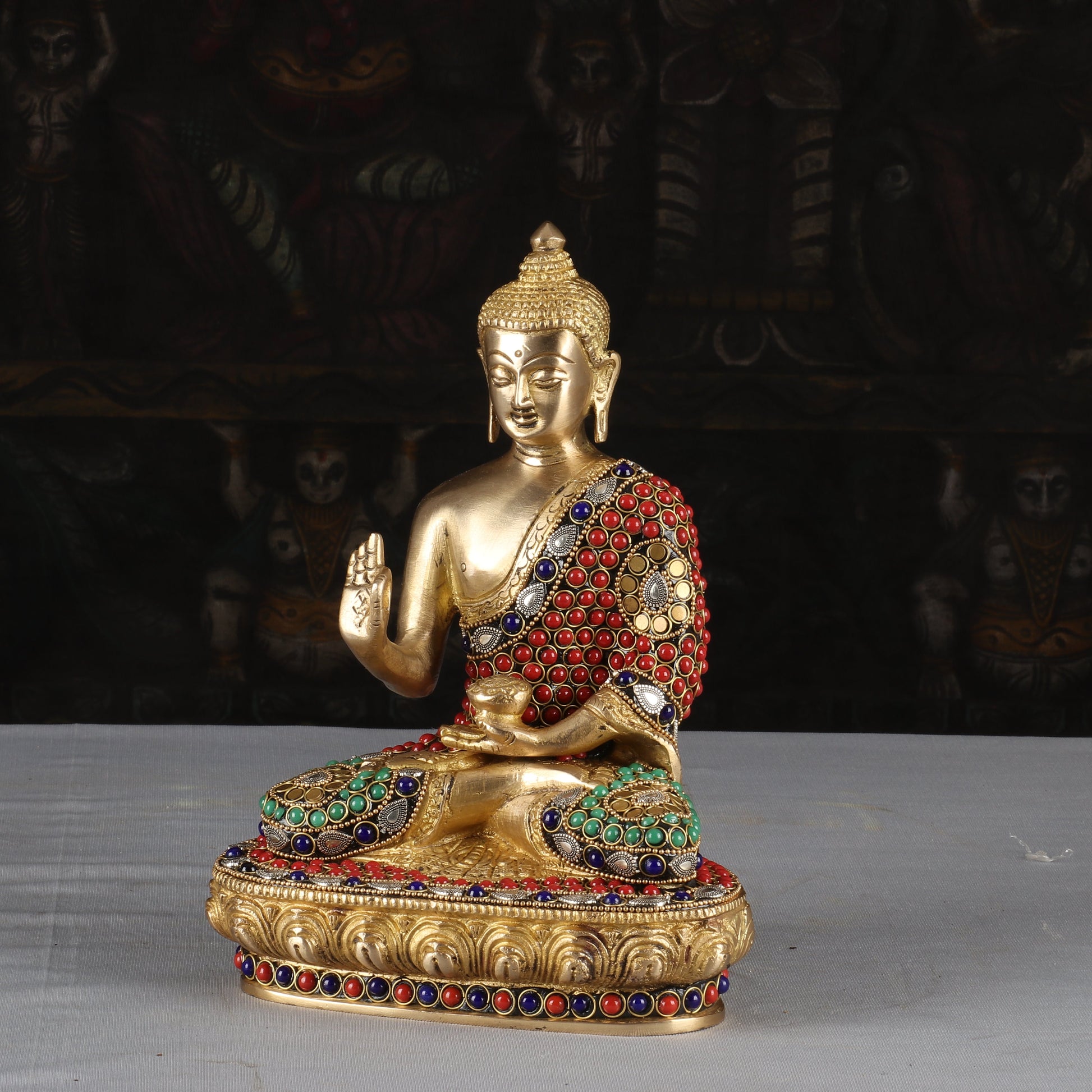 Brass Buddha Idol Sitting On Base Stone Work For Home Decor 9" - Image 4