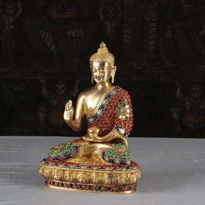 Brass Buddha Idol Sitting On Base Stone Work For Home Decor 9" by vendor-unknown - Buddha (View 4)