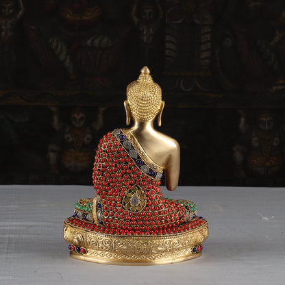 Brass Buddha Idol Sitting On Base Stone Work For Home Decor 9" by vendor-unknown - Buddha (View 5)