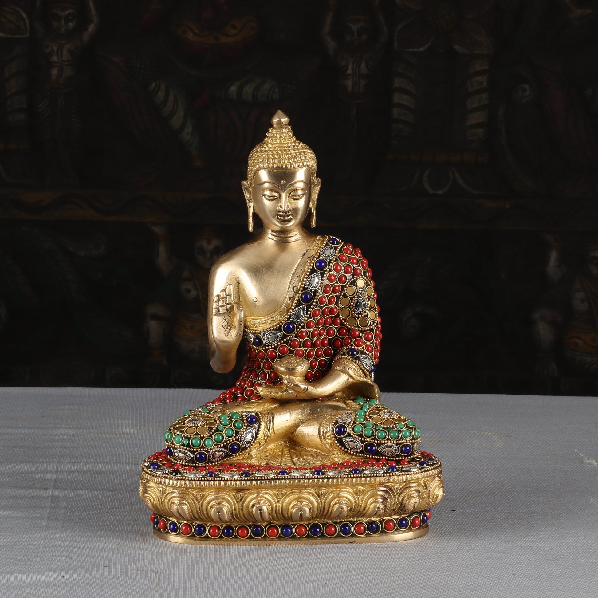 Brass Buddha Idol Sitting On Base Stone Work For Home Decor 9" - Eco-friendly - Sama Homes