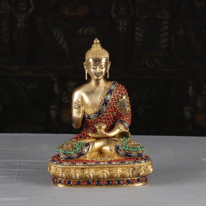 Brass Buddha Idol Sitting On Base Stone Work For Home Decor 9" by vendor-unknown - Buddha