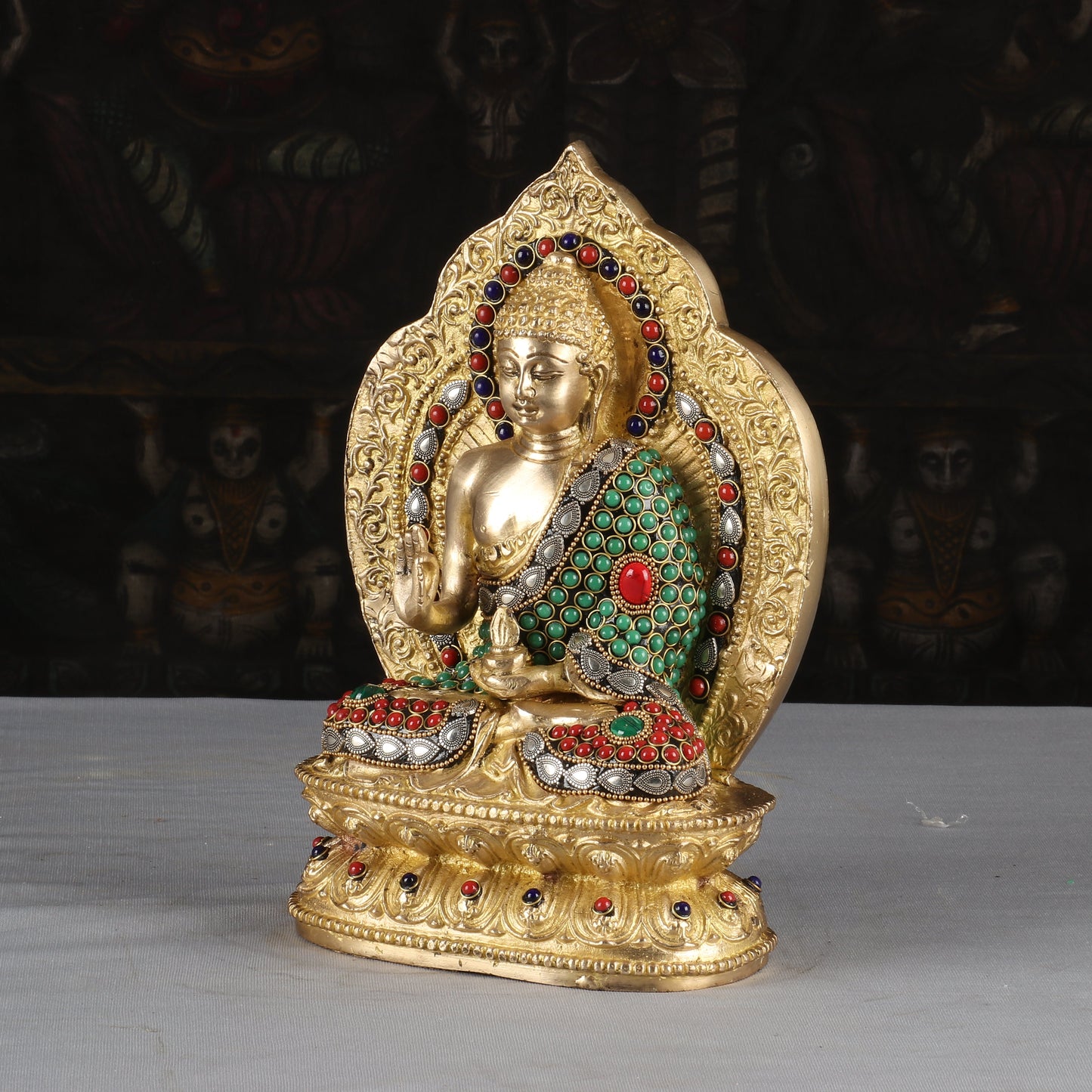 Brass Buddha Statue With Frame Stone Work For Home Decor Showpiece 10 Inch