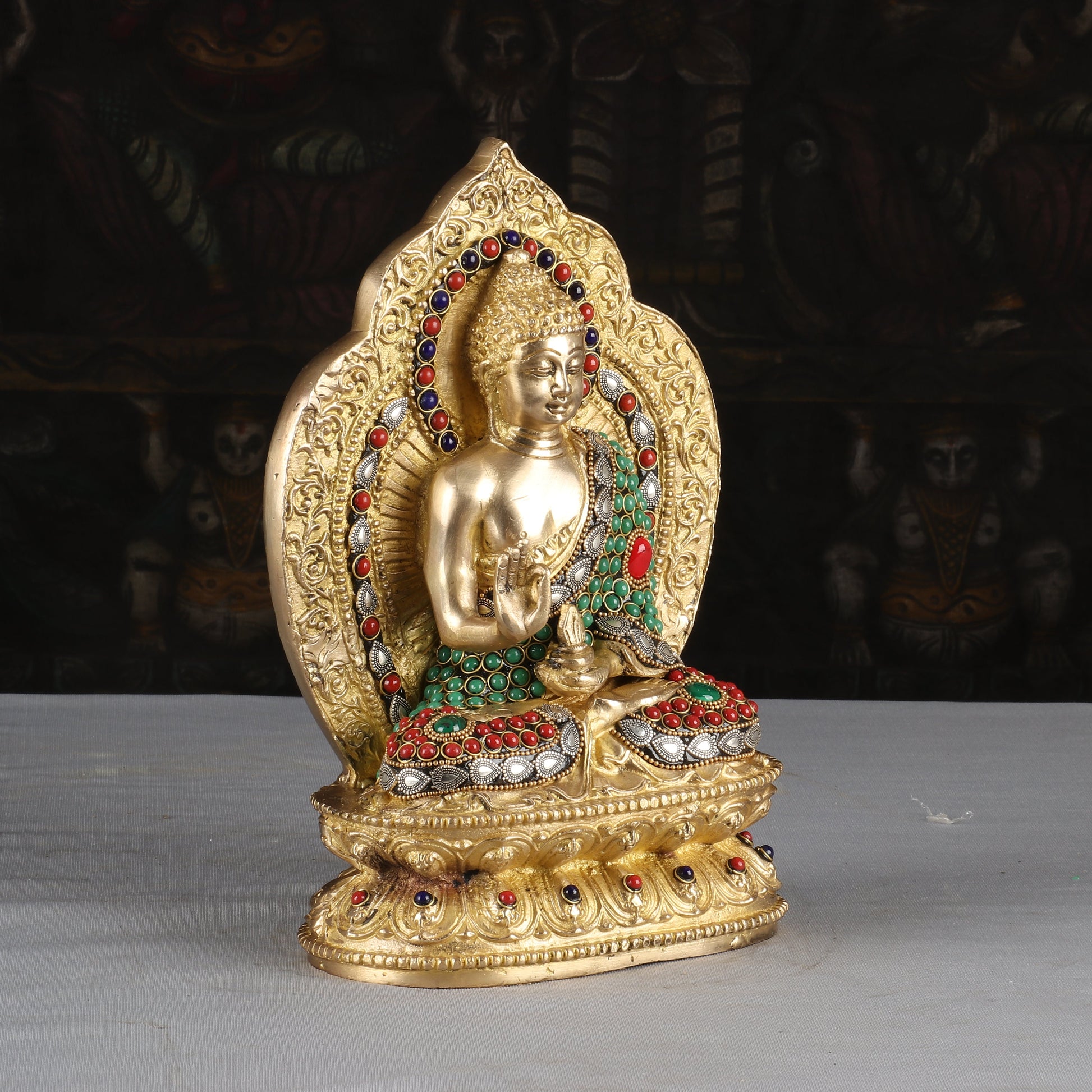 Brass Buddha Statue With Frame Stone Work For Home Decor Showpiece 10 Inch - Image 4