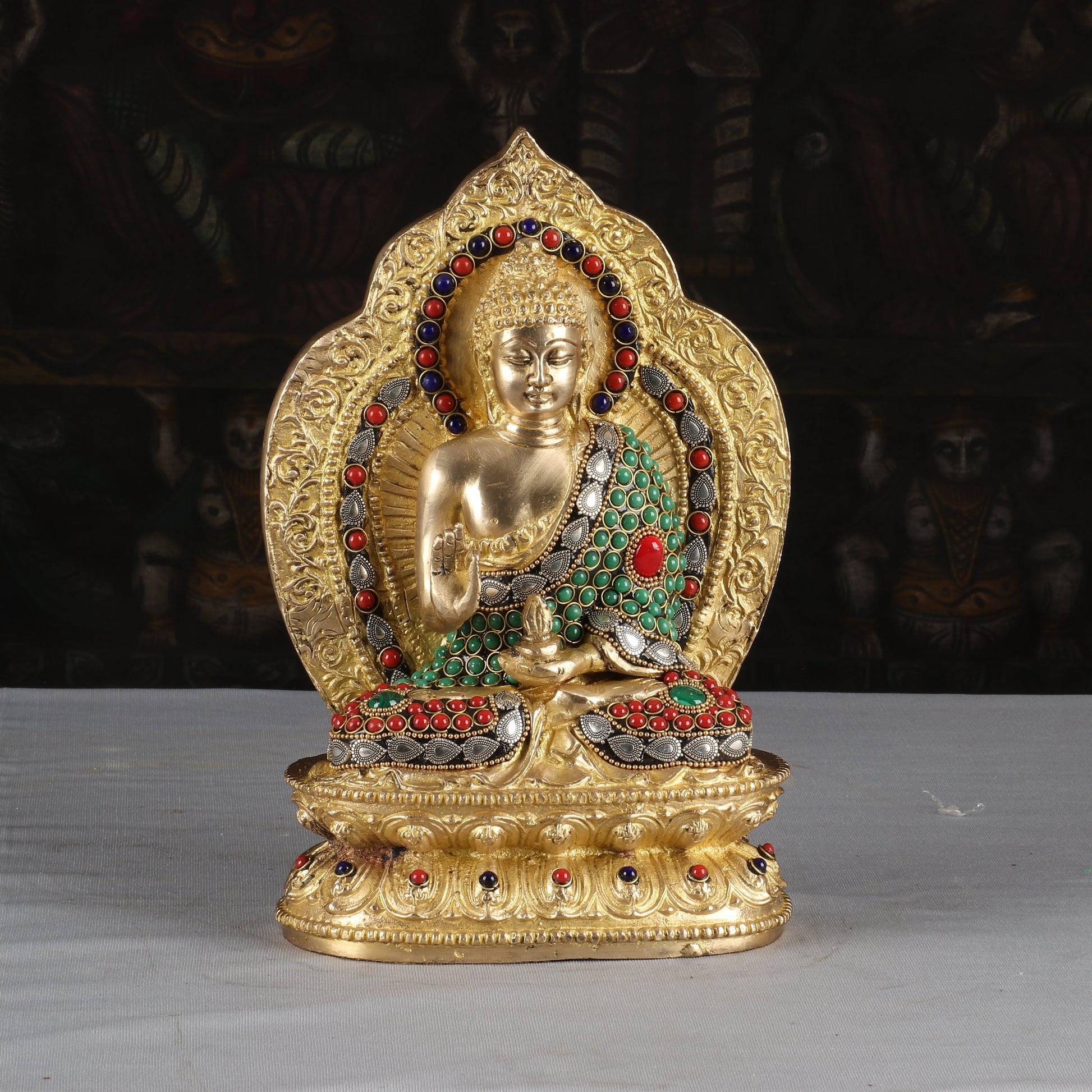 Brass Buddha Statue With Frame Stone Work For Home Decor Showpiece 10 Inch - Eco-friendly - Sama Homes