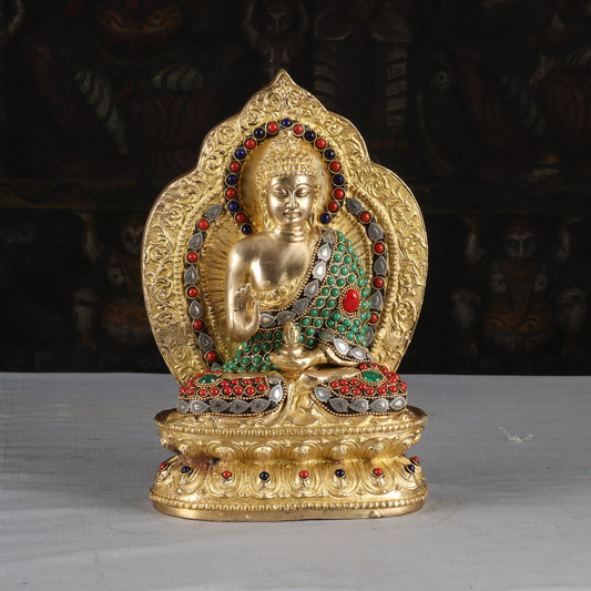Brass Buddha Statue With Frame Stone Work For Home Decor Showpiece 10 Inch
