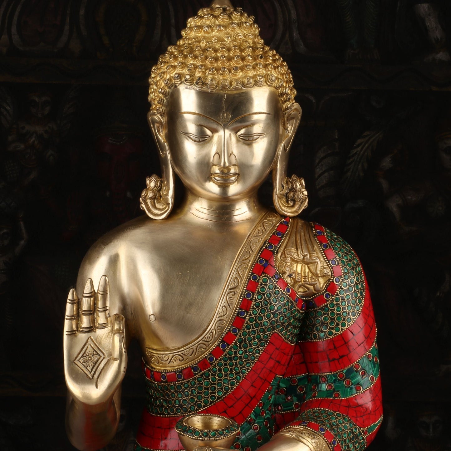 Brass Large Buddha Statue Stone Work For Home Decor Showpiece 20"