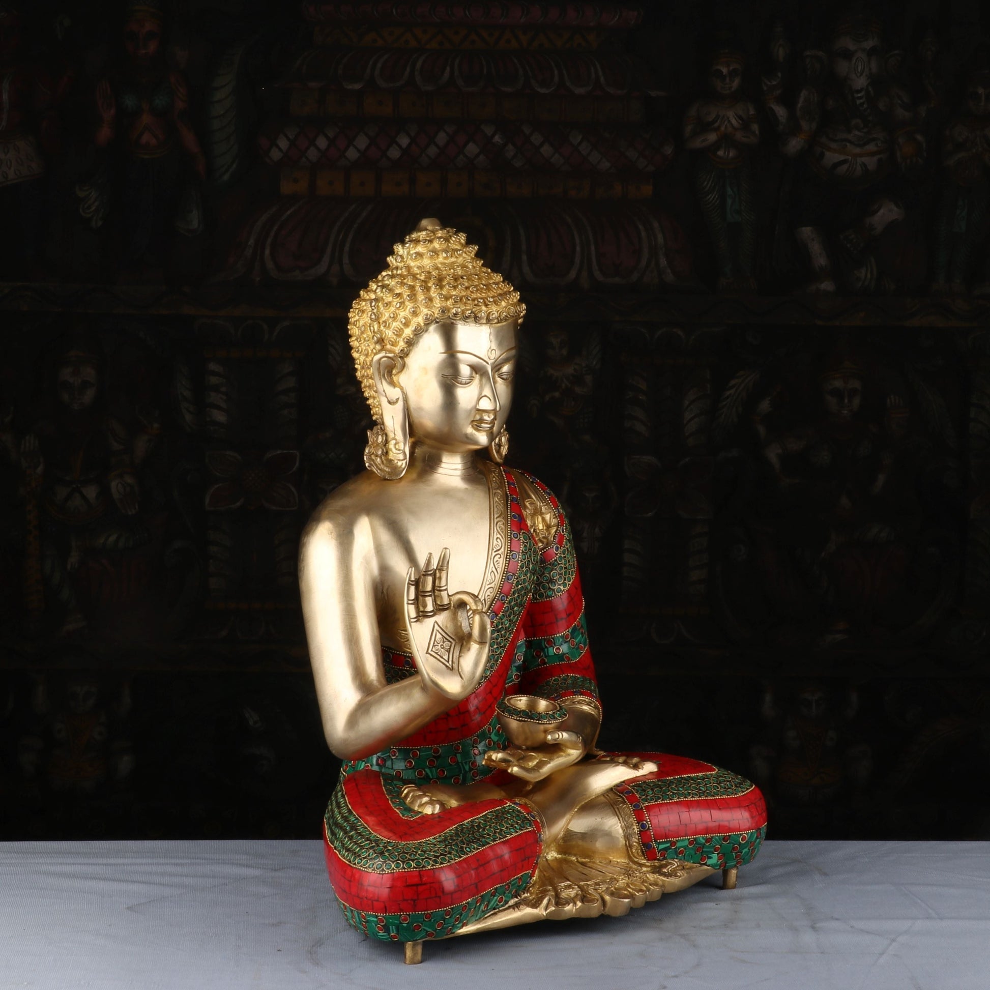 Brass Large Buddha Statue Stone Work For Home Decor Showpiece 20" - Image 5