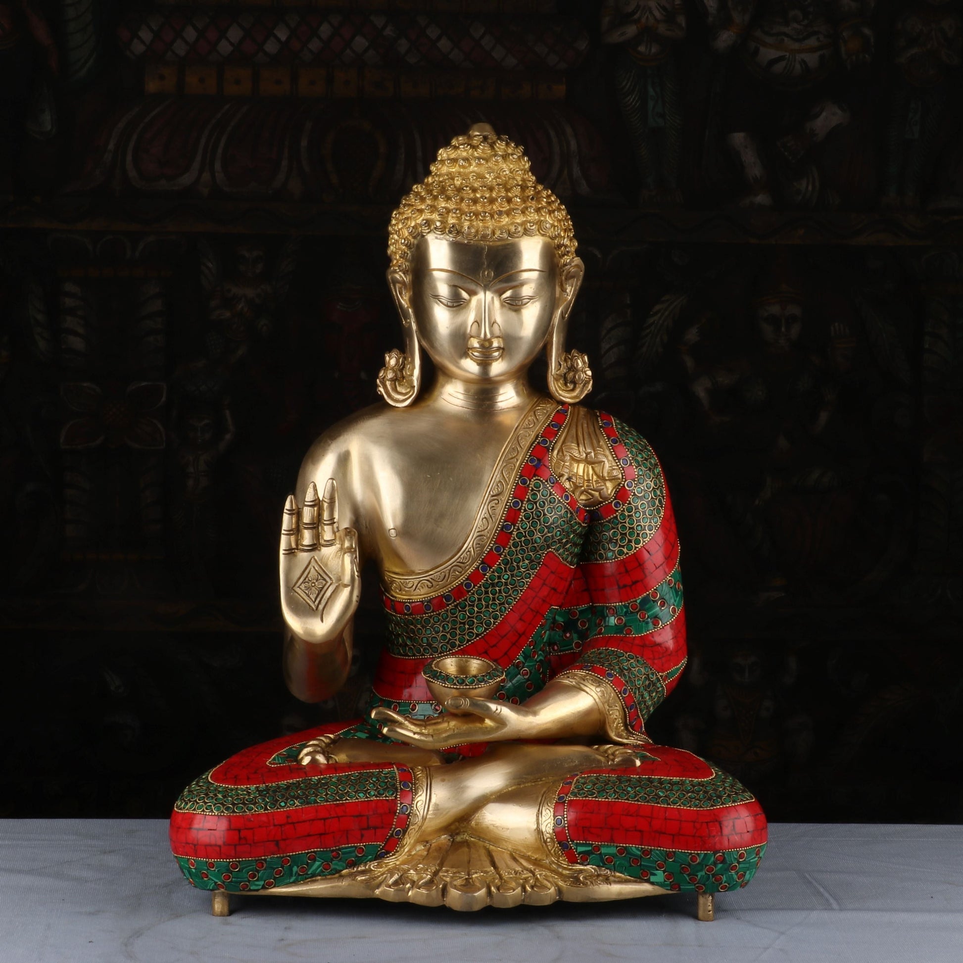 Brass Large Buddha Statue Stone Work For Home Decor Showpiece 20" - Eco-friendly - Sama Homes