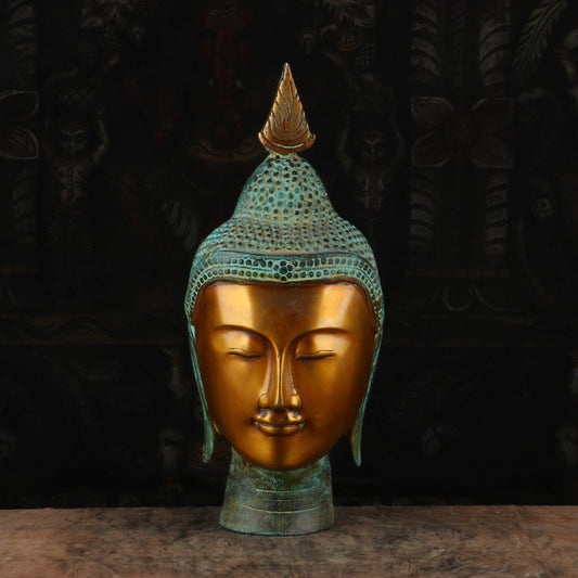 Brass Buddha Head Statue Vintage Green Gold For Home Decor 1 Feet