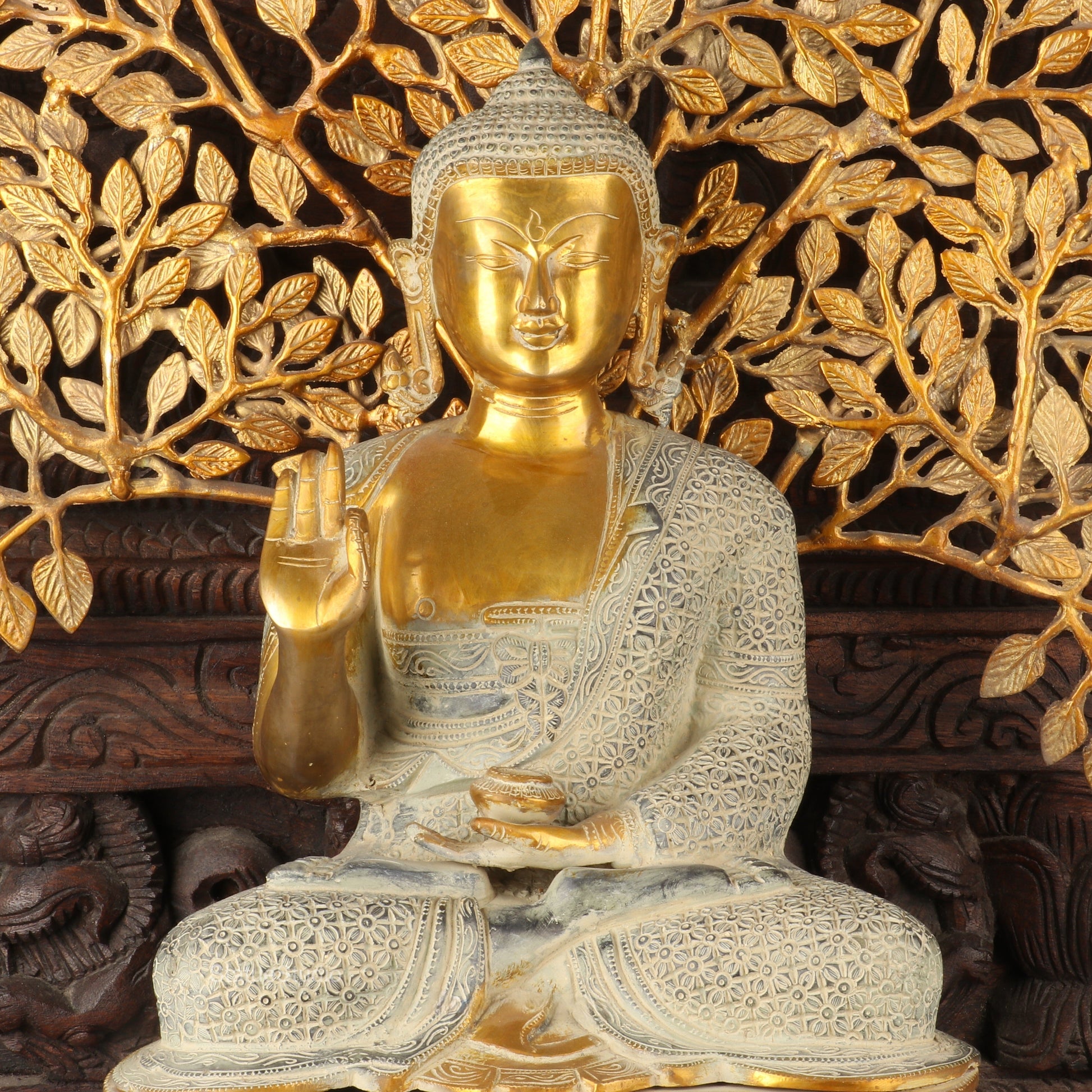 Brass Large Buddha Idol With Tree Antique Finished For Home Decor Showpiece 2 Feet - Image 2