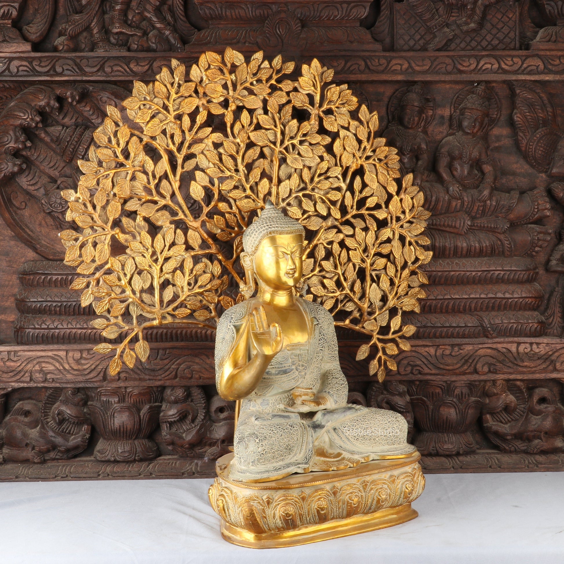 Brass Large Buddha Idol With Tree Antique Finished For Home Decor Showpiece 2 Feet - Image 3