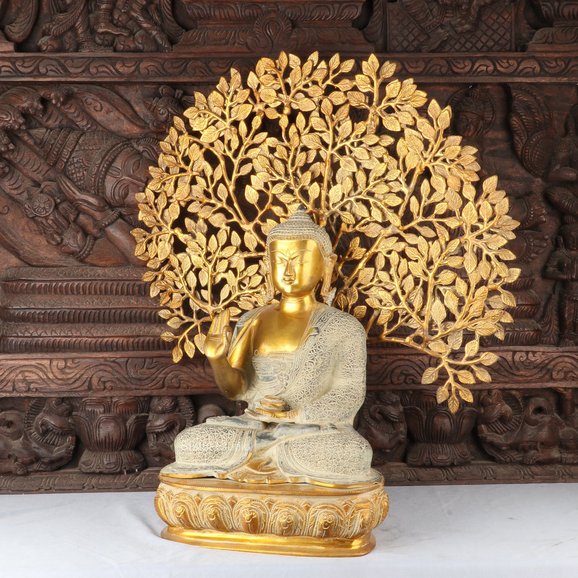 Brass Large Buddha Idol With Tree Antique Finished For Home Decor Showpiece 2 Feet - Image 4