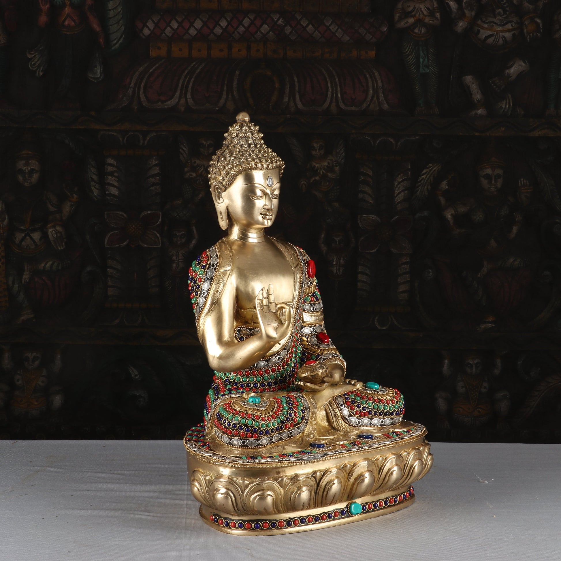 Brass Blessing Buddha Statue Exquisite Stone Work For Home Decor 1.5 Feet - Image 3