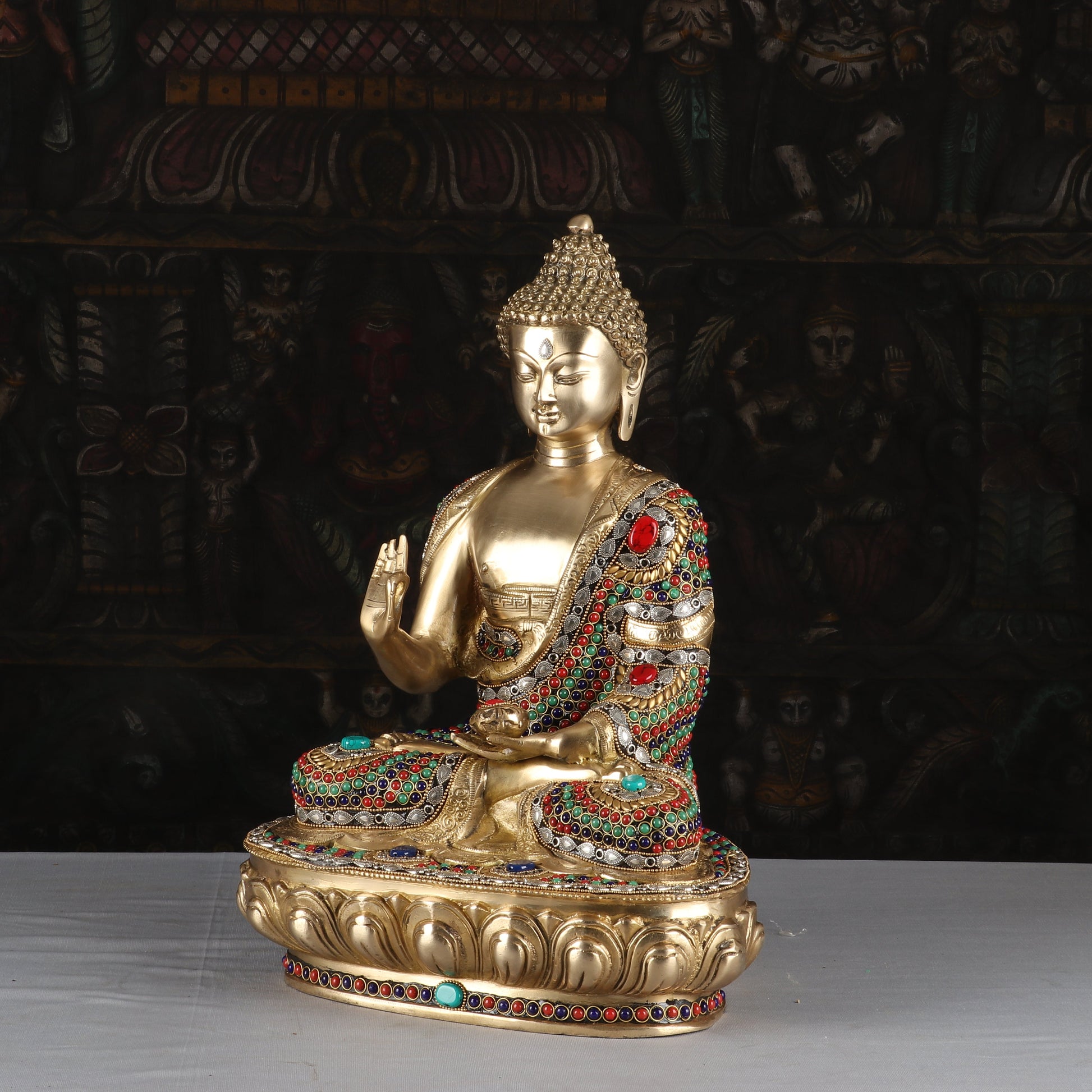 Brass Blessing Buddha Statue Exquisite Stone Work For Home Decor 1.5 Feet - Image 4