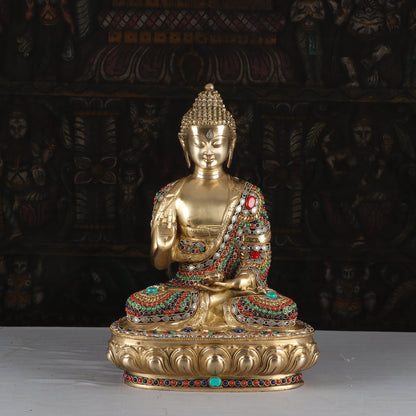 Brass Blessing Buddha Statue Exquisite Stone Work For Home Decor 1.5 Feet by vendor-unknown - Buddha