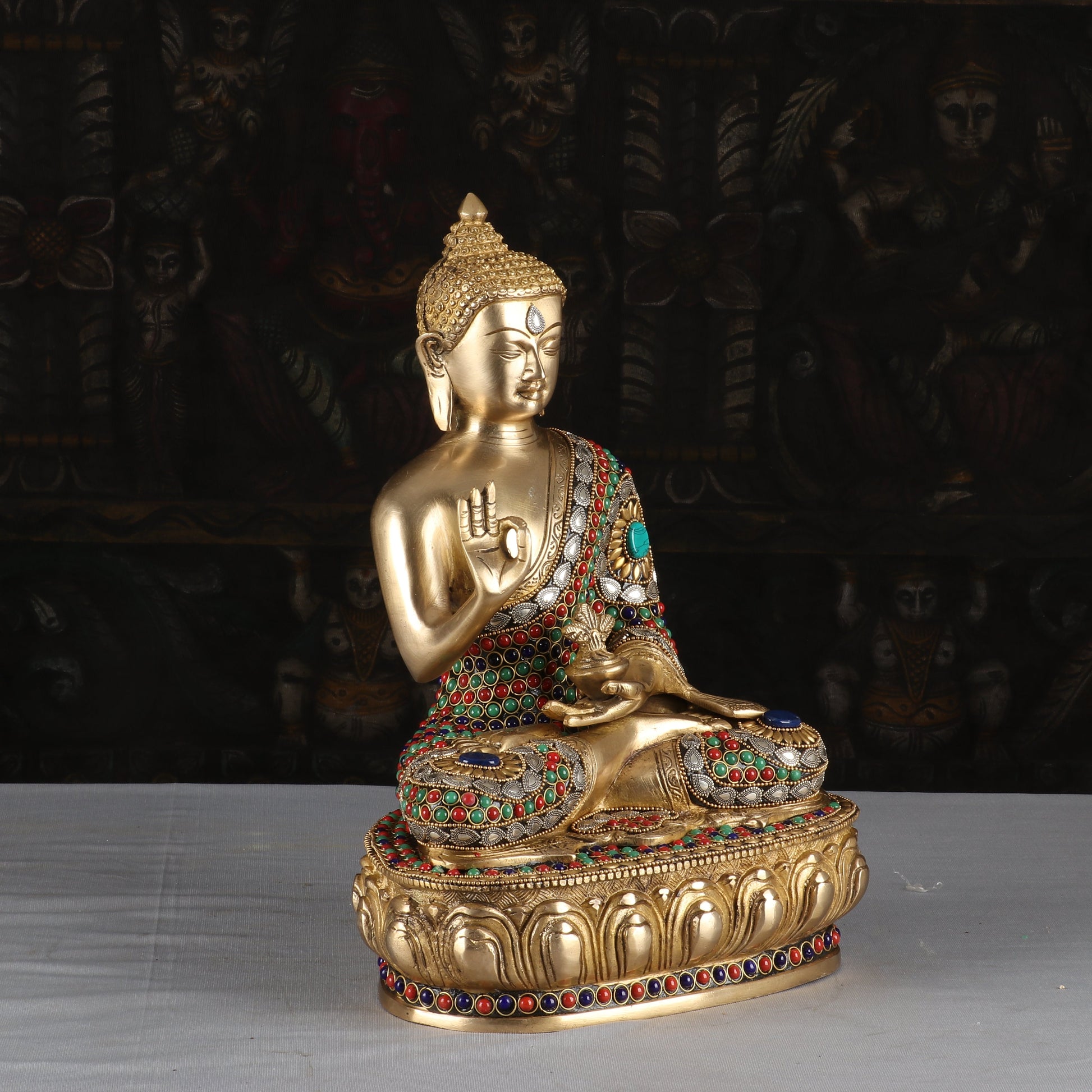 Brass Antique Buddha Idol with Stone Work 13" - Image 3