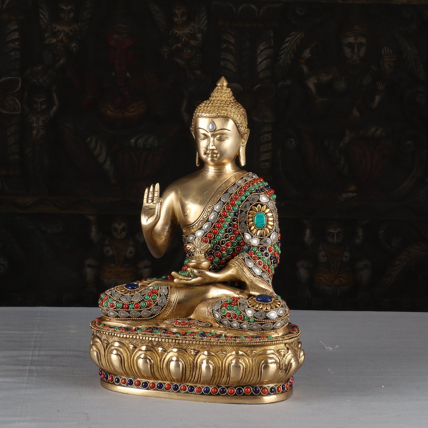 Brass Antique Buddha Idol with Stone Work 13"