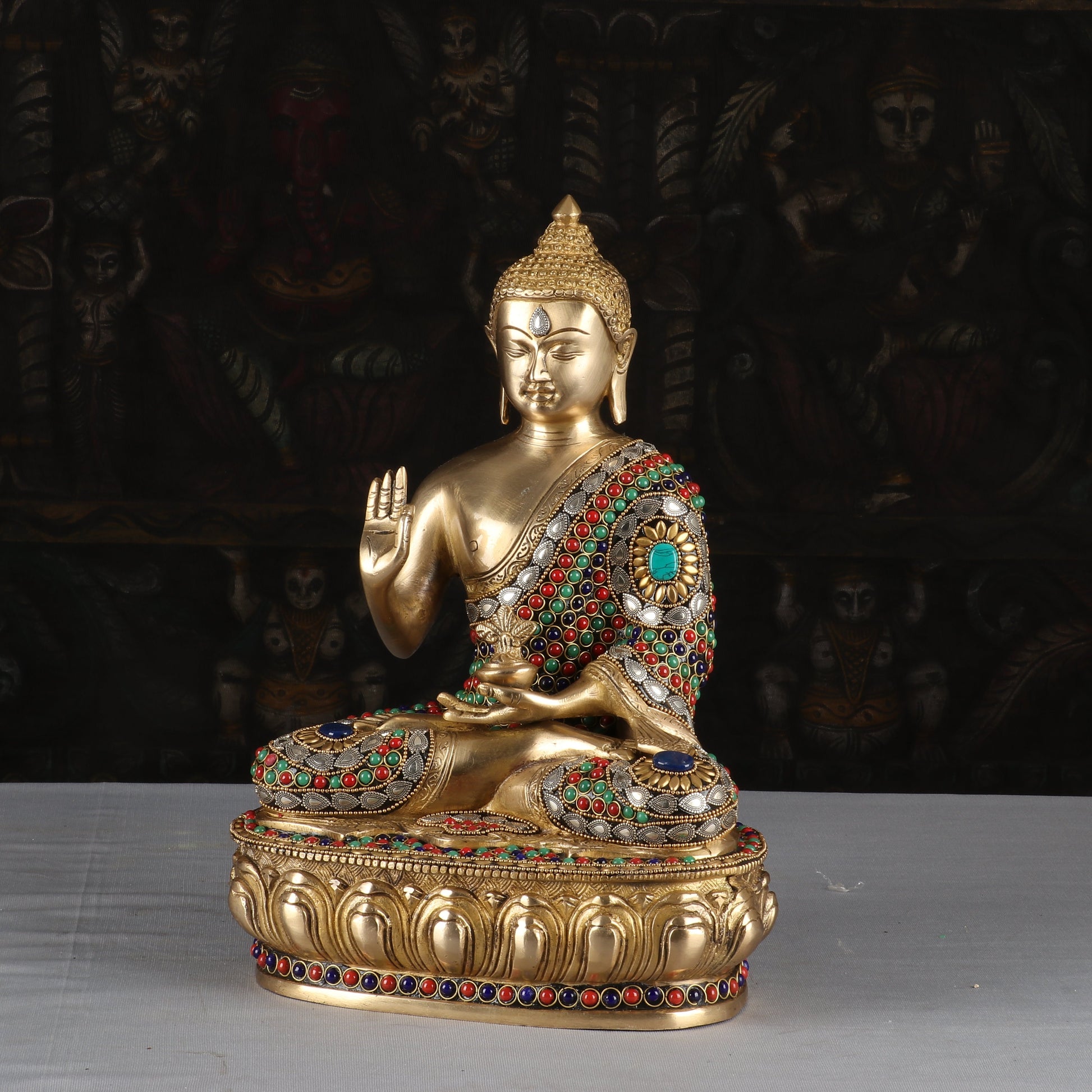 Brass Antique Buddha Idol with Stone Work 13" - Image 4