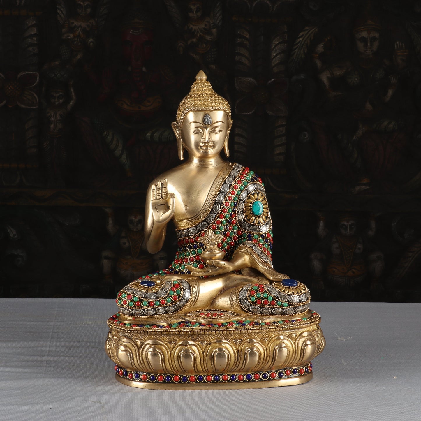 Brass Antique Buddha Idol with Stone Work 13"