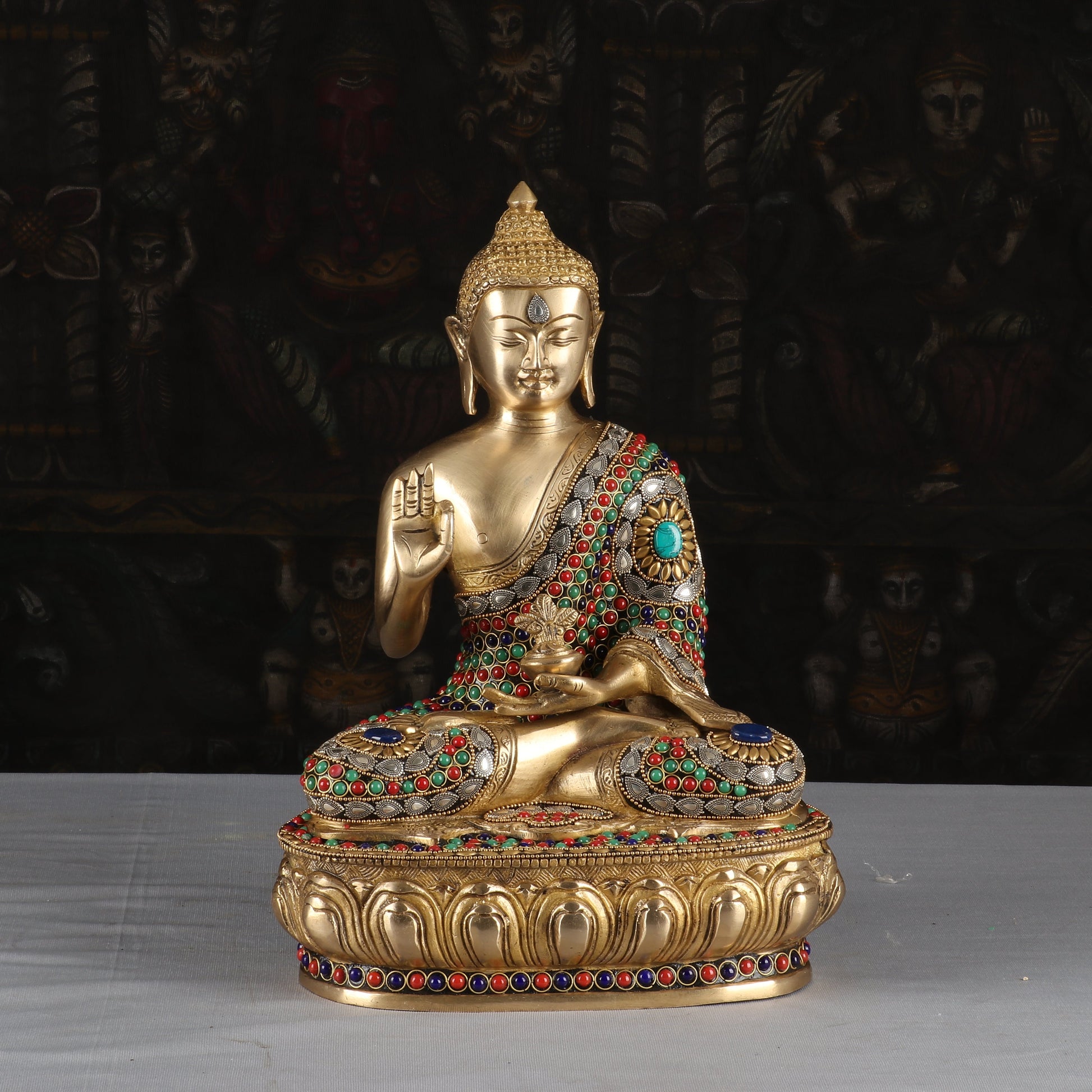 Brass Antique Buddha Idol with Stone Work 13" - Eco-friendly - Sama Homes