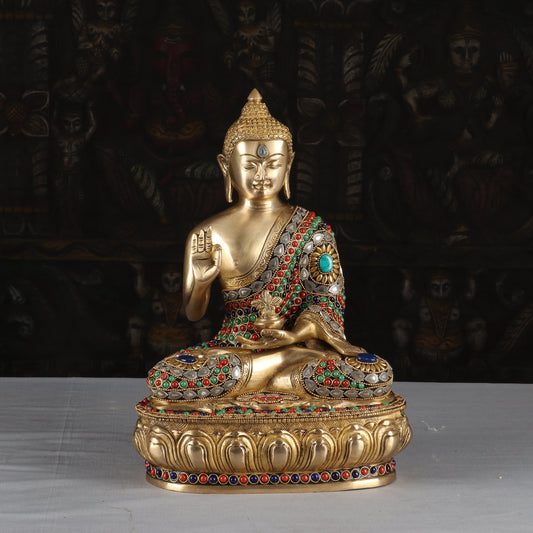 Brass Antique Buddha Idol with Stone Work 13"